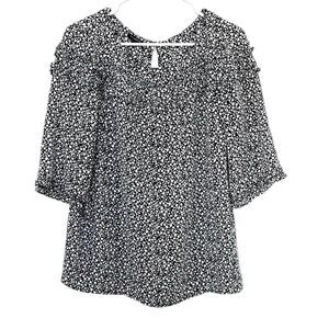 TALBOTS Women Smocked Blouse 3/4 Sleeve Black White Pink Flower Print Size M